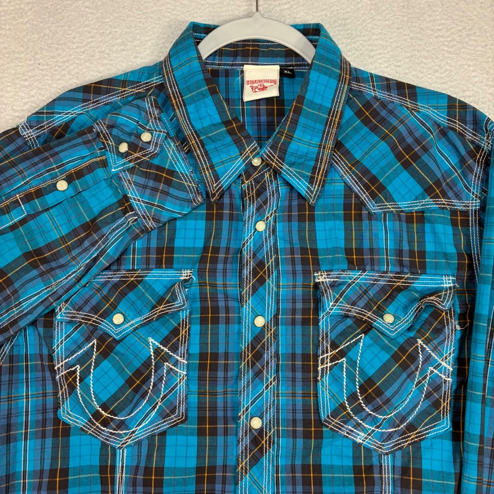 True Religion Pearl Snap Shirt Men XL Blue Plaid Western Y2K Long Sleeve Button